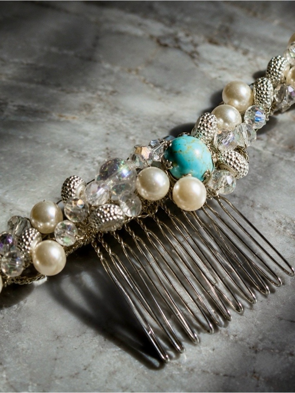 Pearl & Turquoise Bridal Hair Comb - Silver Accent